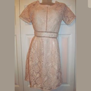 LOST INK pale pink lace skater key hole back dress